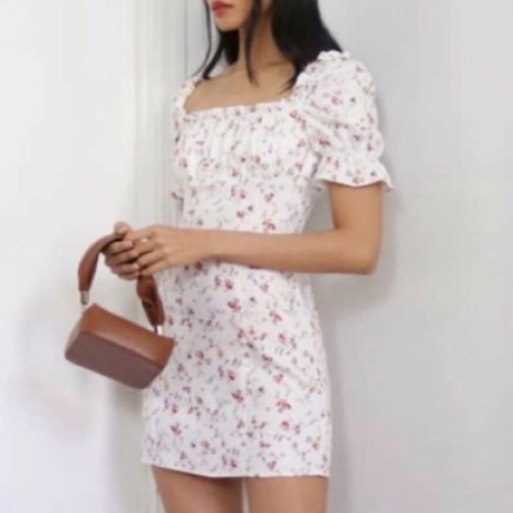 Reformation Robles Linen Dress White Ivory Floral Puff Sleeve Mini Baby Doll 12